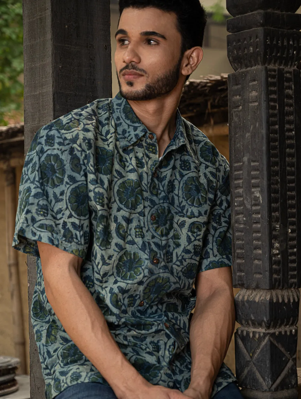 Bagru Hand Block Printed Cotton Shirt - Blue Floral