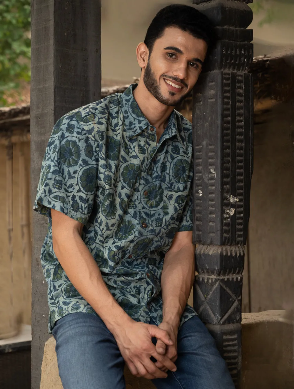 Bagru Hand Block Printed Cotton Shirt - Blue Floral