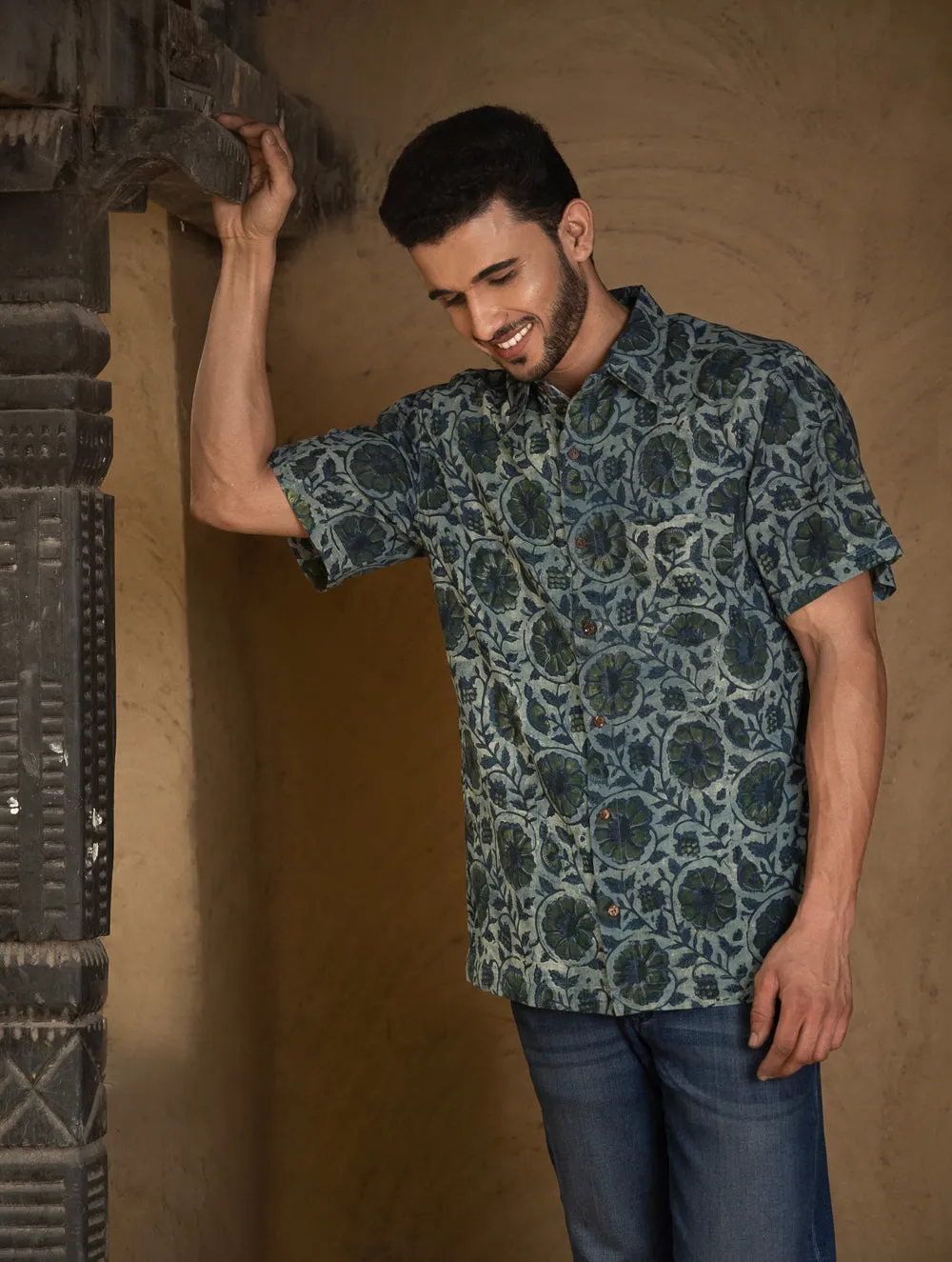 Bagru Hand Block Printed Cotton Shirt - Blue Floral