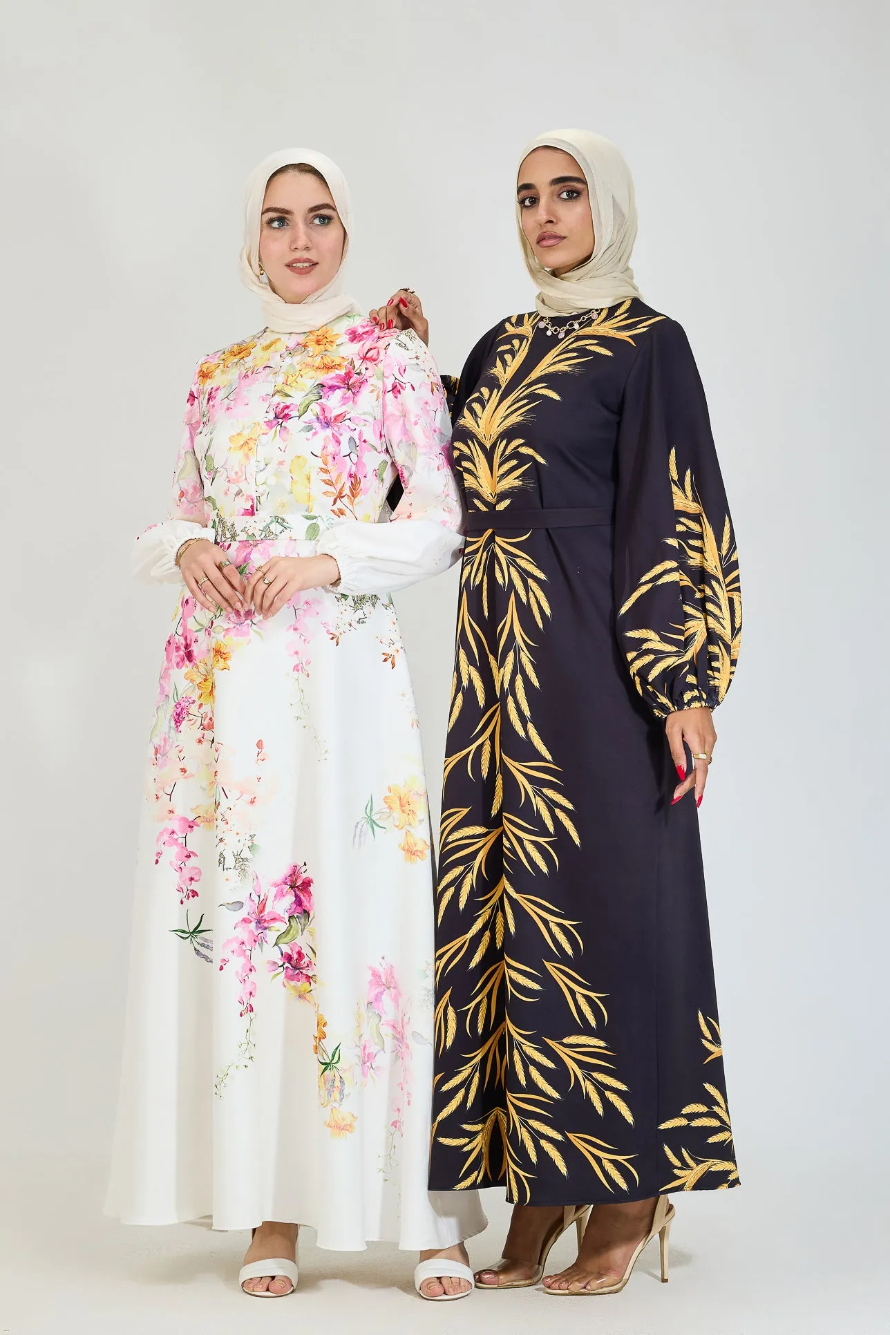 Bahar Embellished Crepe Modesty Dress with Golden Leaf Pattern