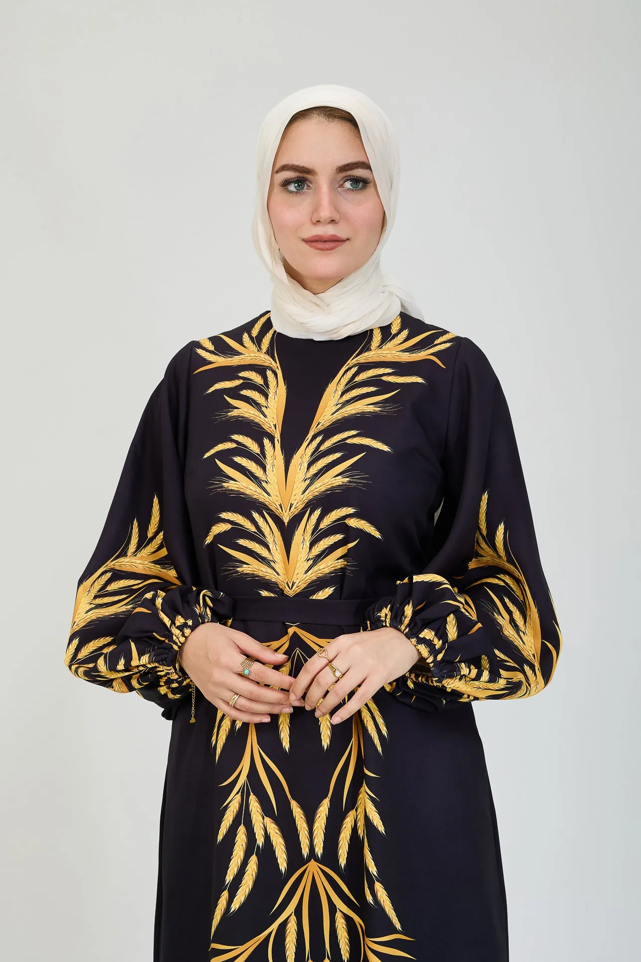 Bahar Embellished Crepe Modesty Dress with Golden Leaf Pattern