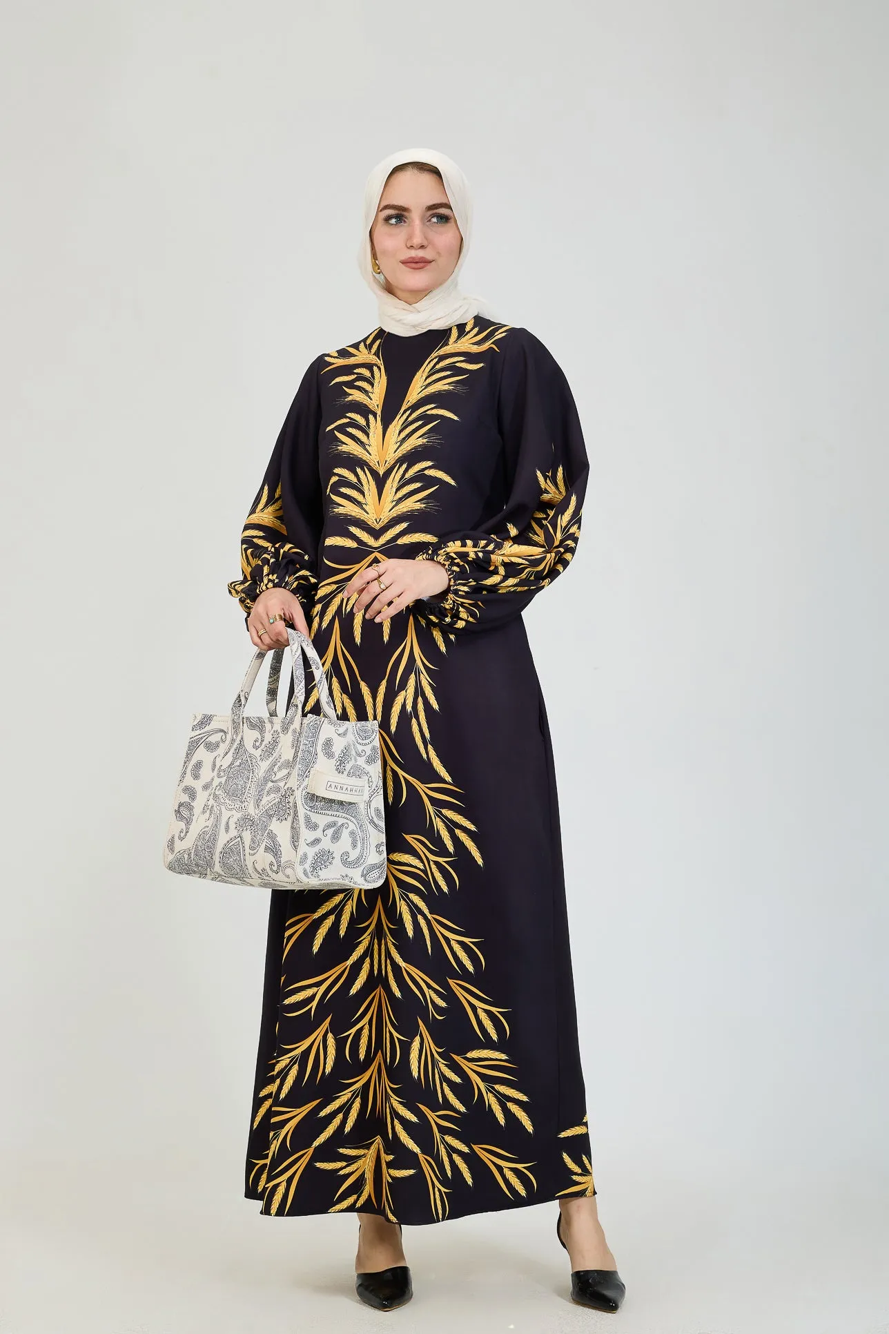 Bahar Embellished Crepe Modesty Dress with Golden Leaf Pattern