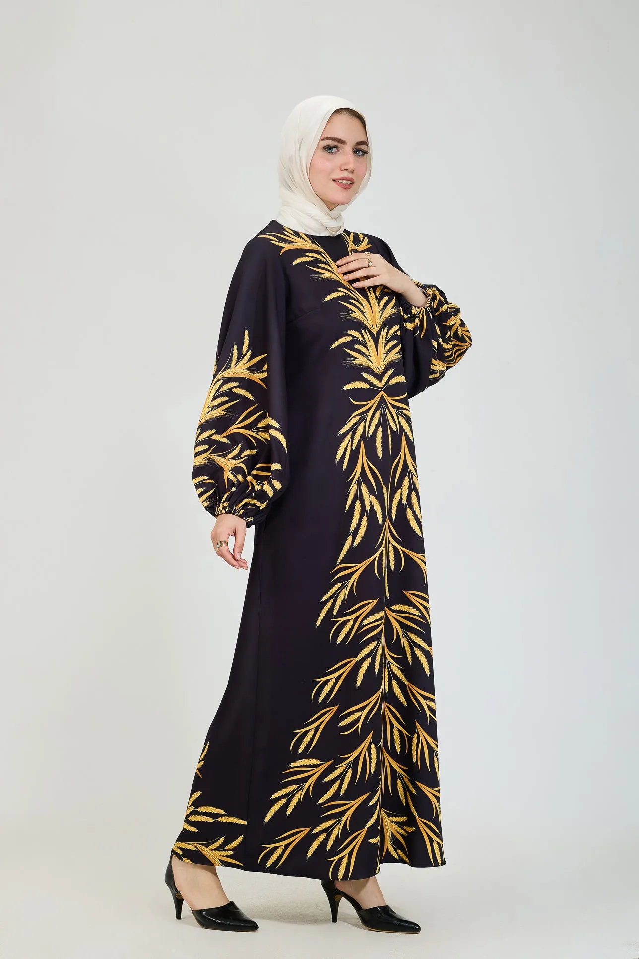 Bahar Embellished Crepe Modesty Dress with Golden Leaf Pattern