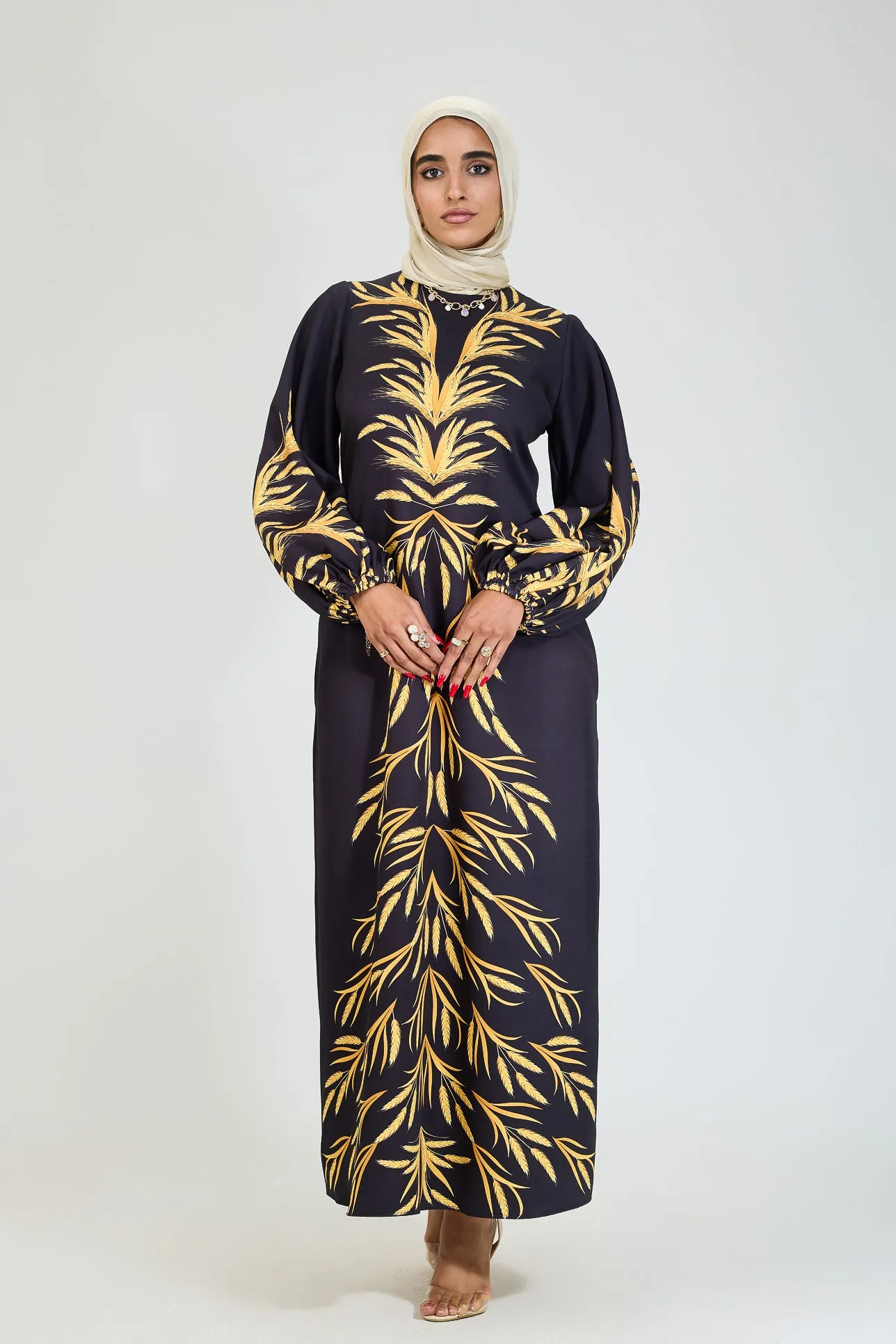 Bahar Embellished Crepe Modesty Dress with Golden Leaf Pattern