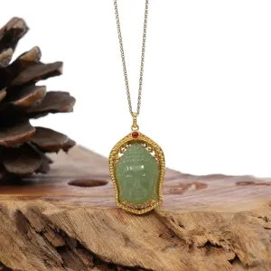 Baikalla™ 24K Yellow Gold Genuine Nephrite Green Jade GuanYin Pendant Necklace