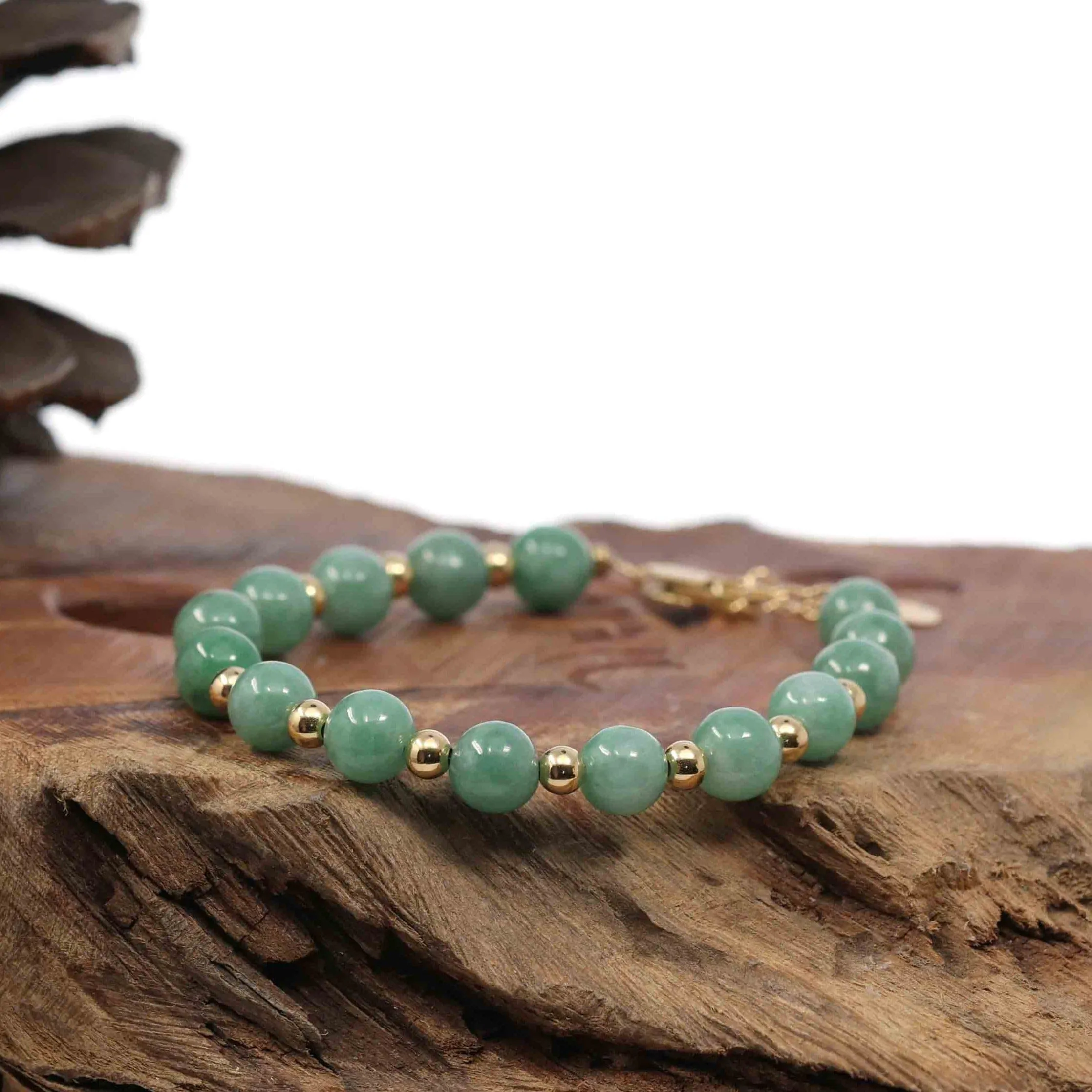 Baikalla Genuine Green Jadeite Jade Round Beads Bracelet With 18K Yellow Gold Clasp and Gold Beads ( 7 mm )