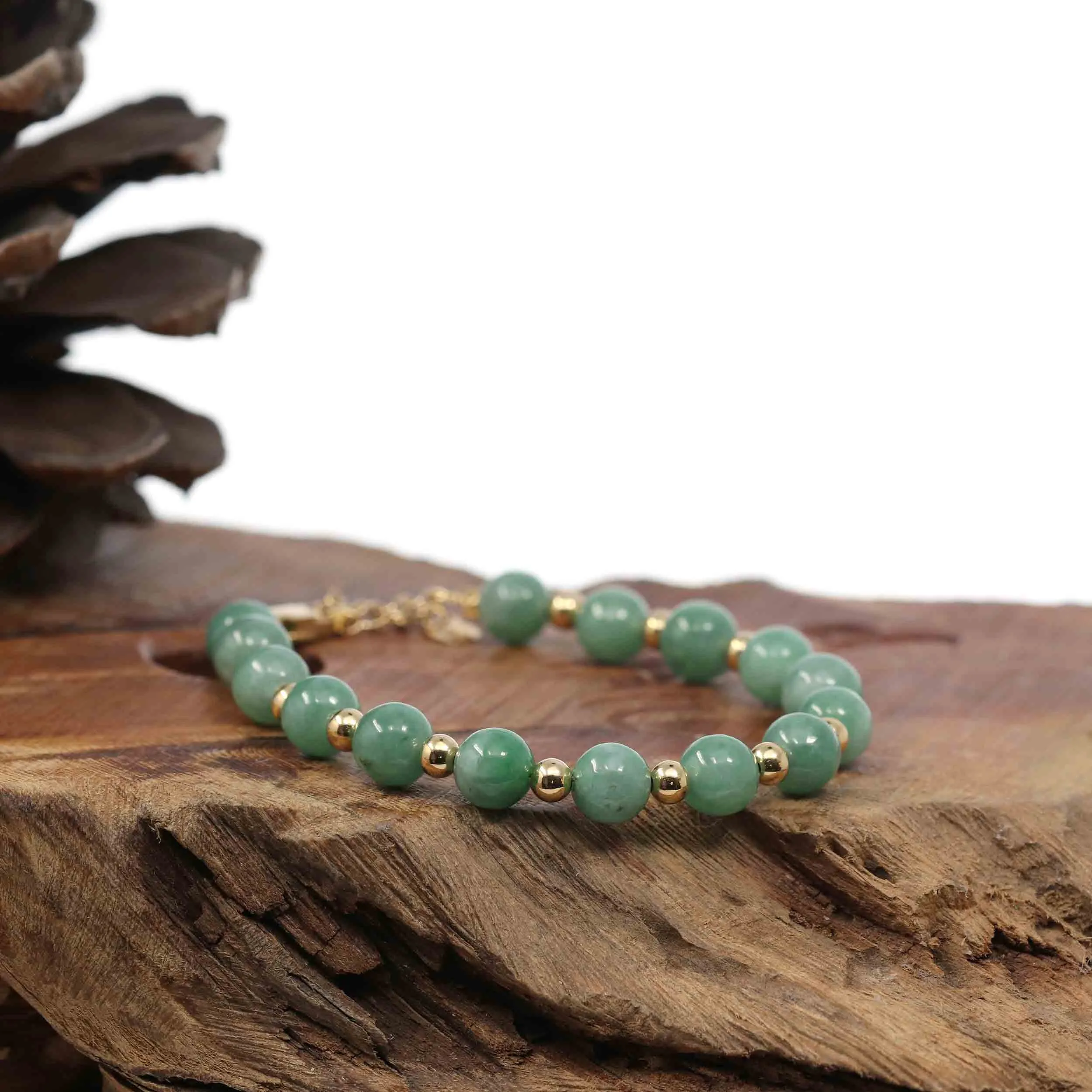 Baikalla Genuine Green Jadeite Jade Round Beads Bracelet With 18K Yellow Gold Clasp and Gold Beads ( 7 mm )