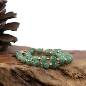 Baikalla Genuine Green Jadeite Jade Round Beads Bracelet With 18K Yellow Gold Clasp and Gold Beads ( 7 mm )