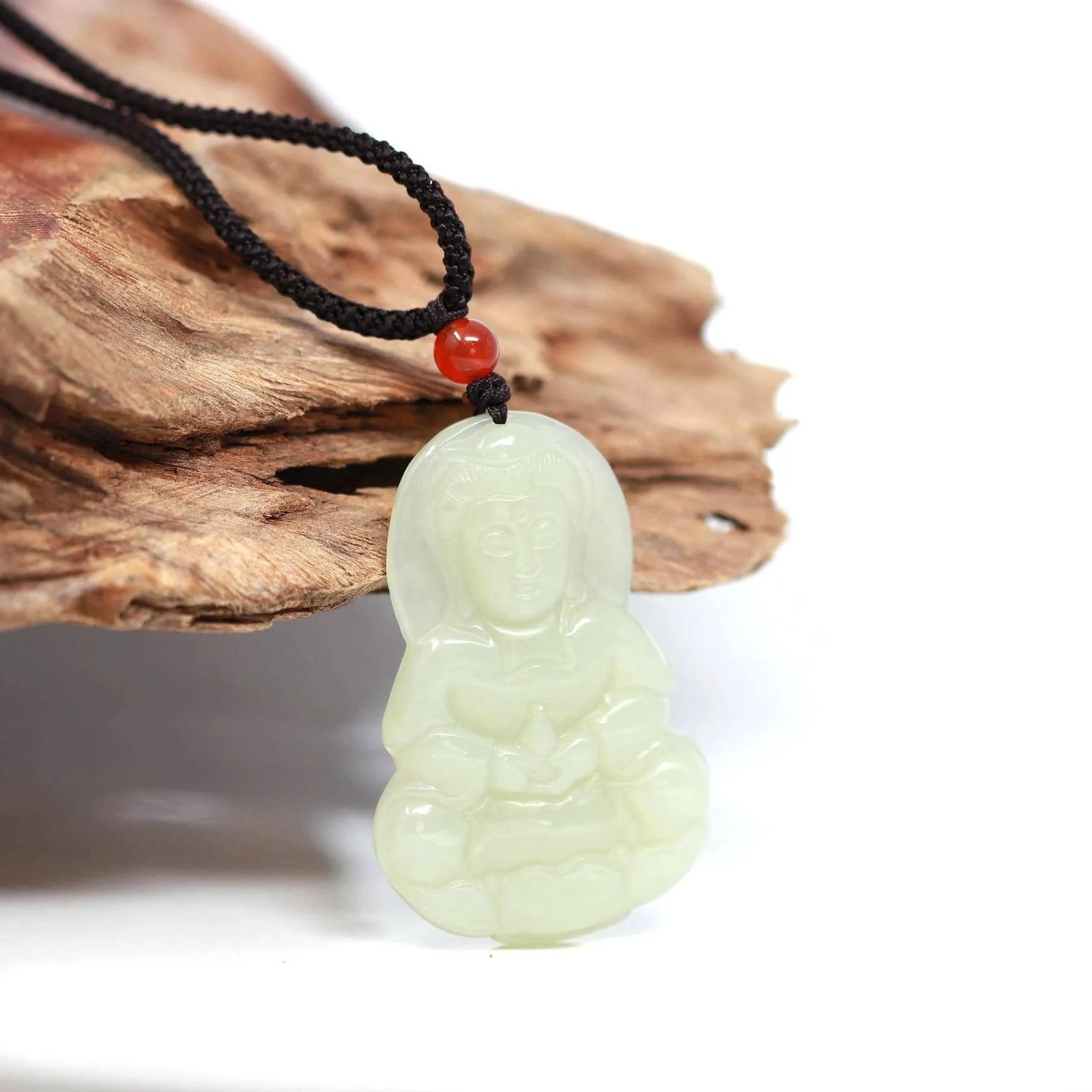 Baikalla™ "Classic Guan Yin (Goddess Of Compassion)" Genuine HeTian White Nephrite Jade Guanyin Pendant Necklace