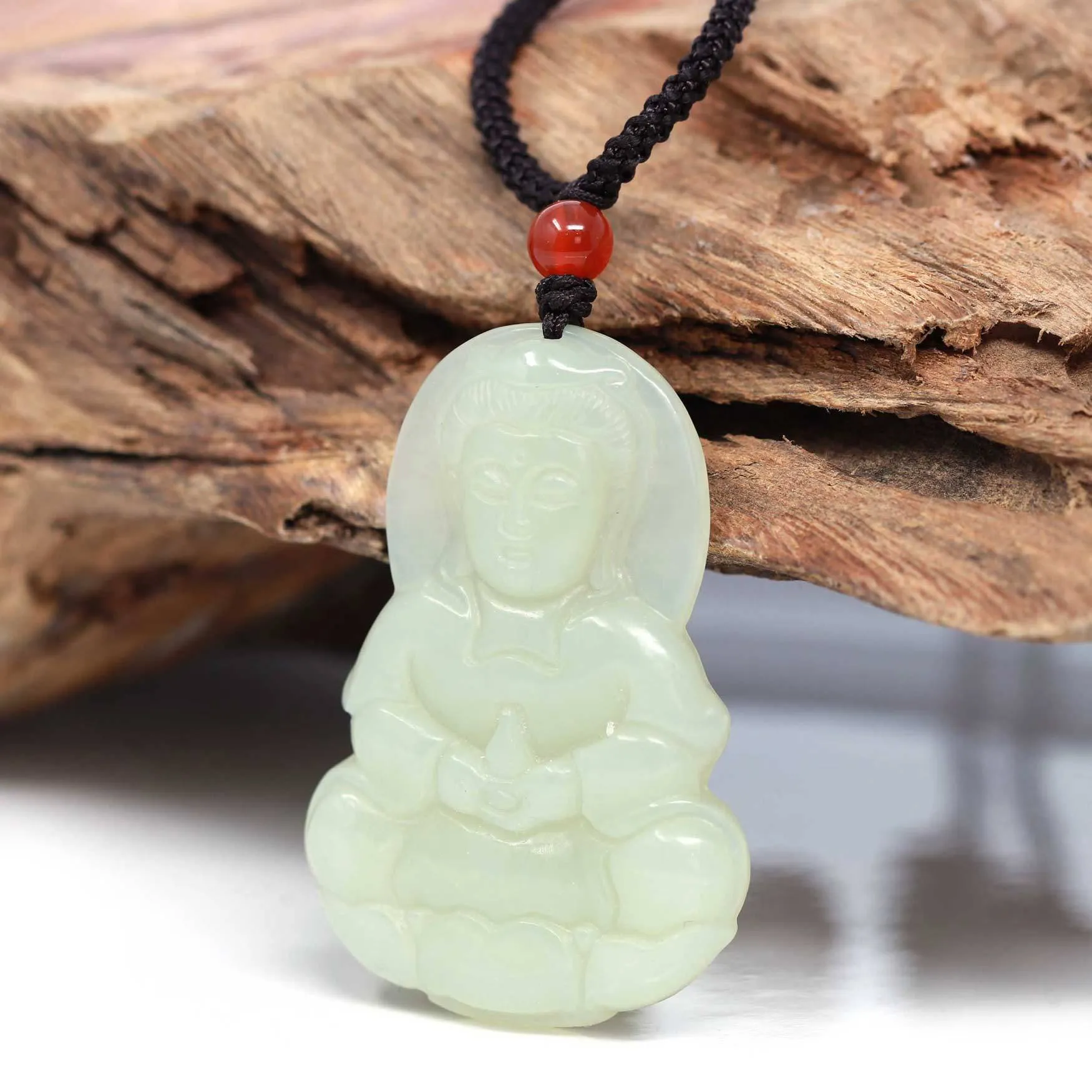 Baikalla™ "Classic Guan Yin (Goddess Of Compassion)" Genuine HeTian White Nephrite Jade Guanyin Pendant Necklace