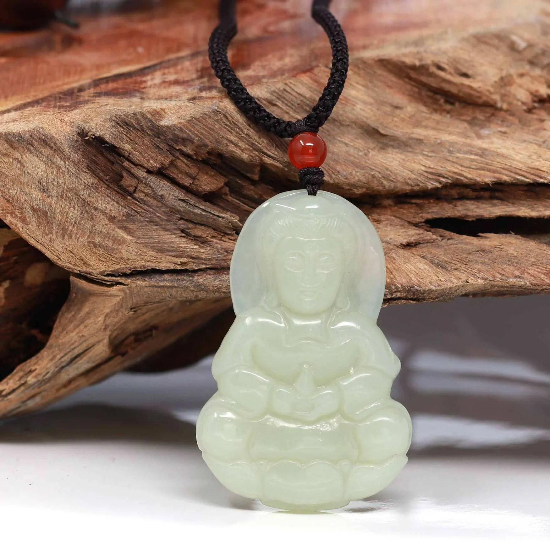 Baikalla™ "Classic Guan Yin (Goddess Of Compassion)" Genuine HeTian White Nephrite Jade Guanyin Pendant Necklace