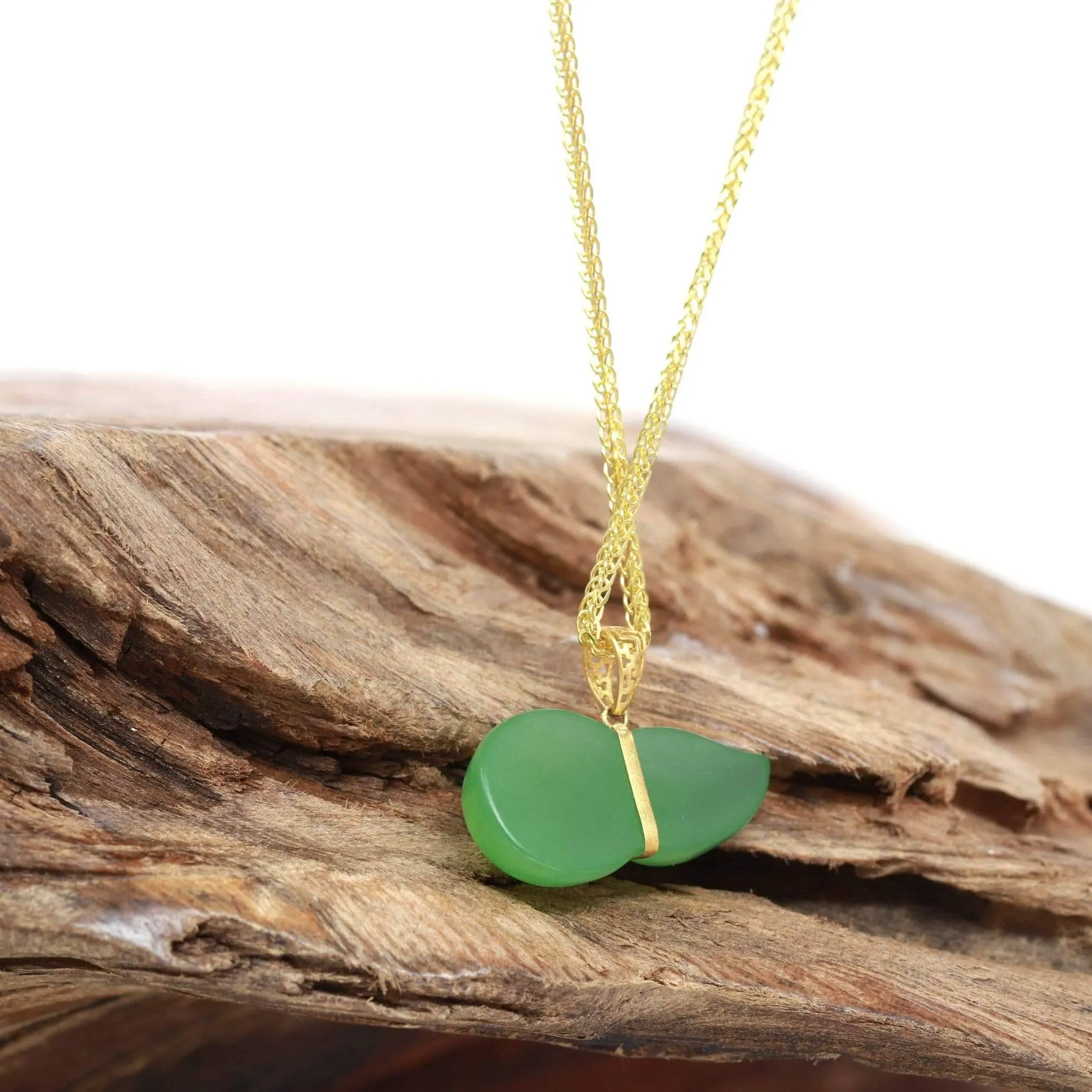 Baikalla™ "Lucky Gourd" HuLu18k Yellow Gold Green Nephrite Jade Pendant Necklace