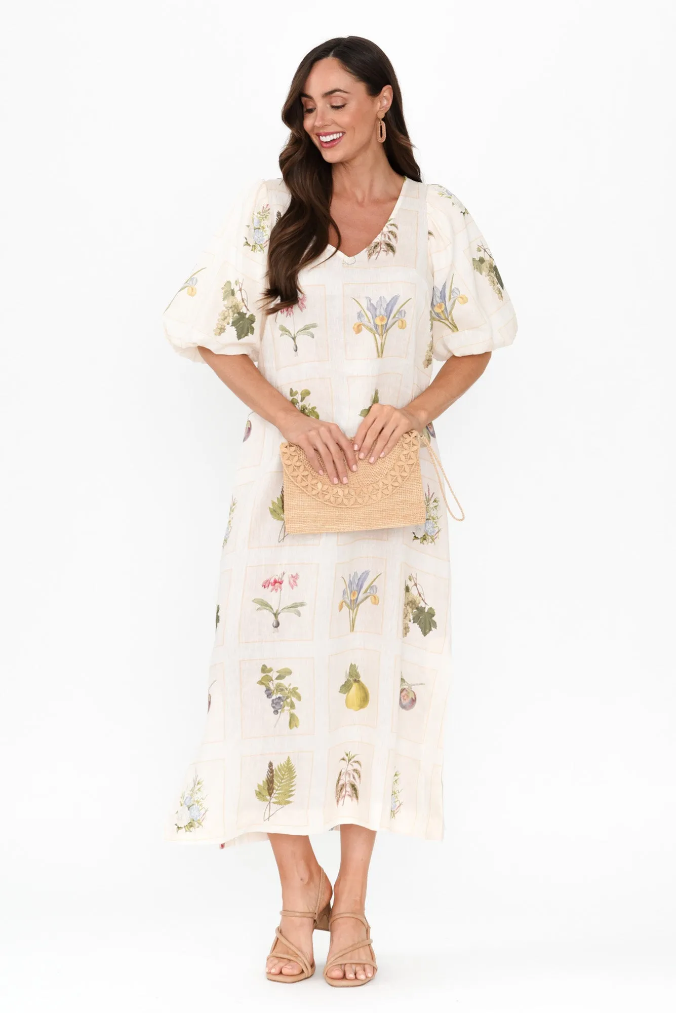 Bailee White Botanical Linen Dress