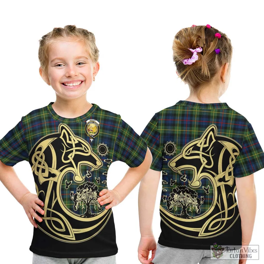 Bailey Modern Tartan Kid T-Shirt with Family Crest Celtic Wolf Style