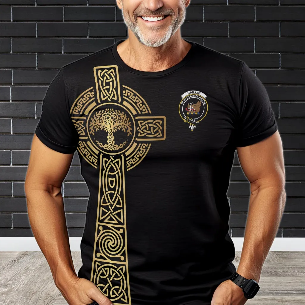 Baillie (Bailey) Clan Mens T-Shirt with Golden Celtic Tree Of Life