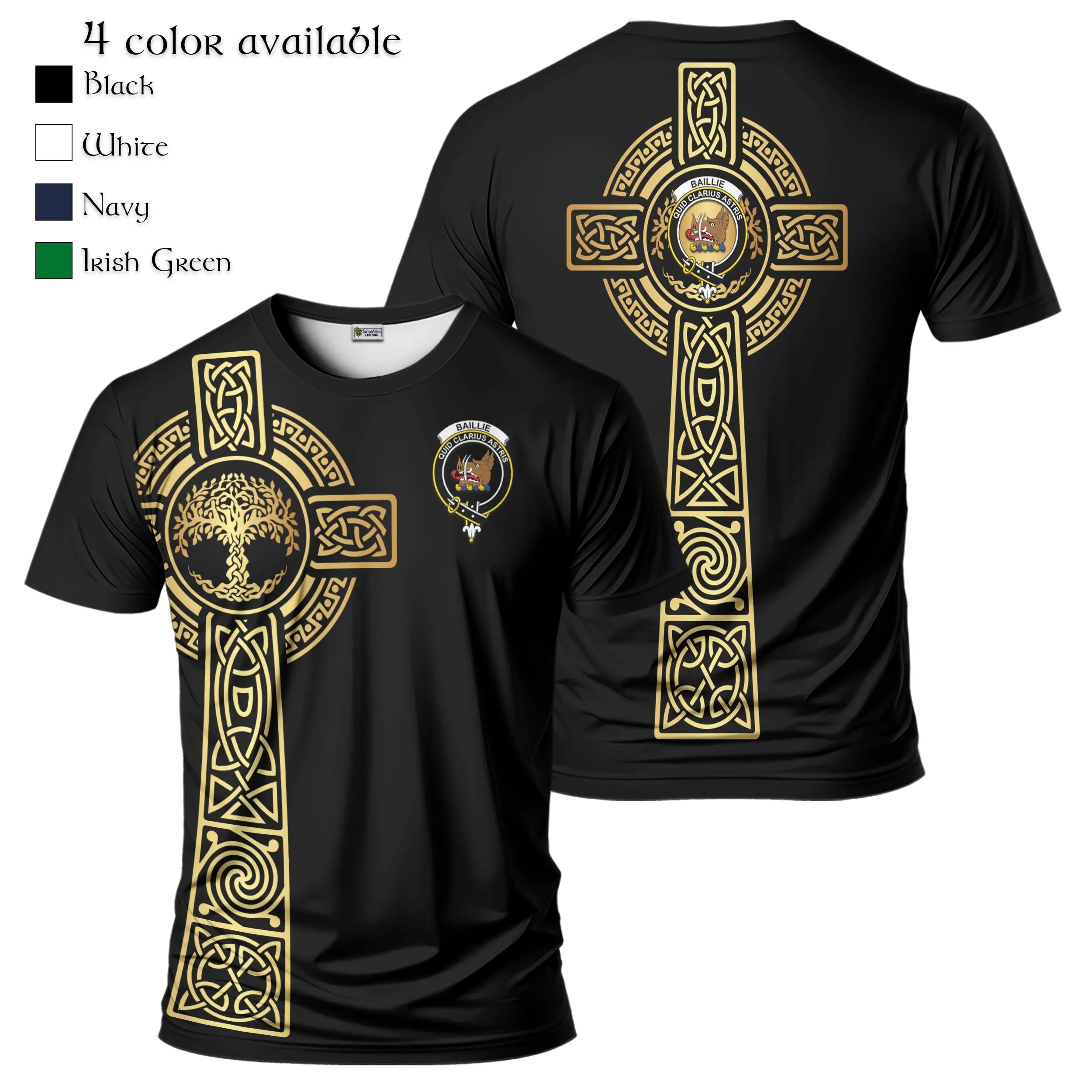 Baillie (Bailey) Clan Mens T-Shirt with Golden Celtic Tree Of Life