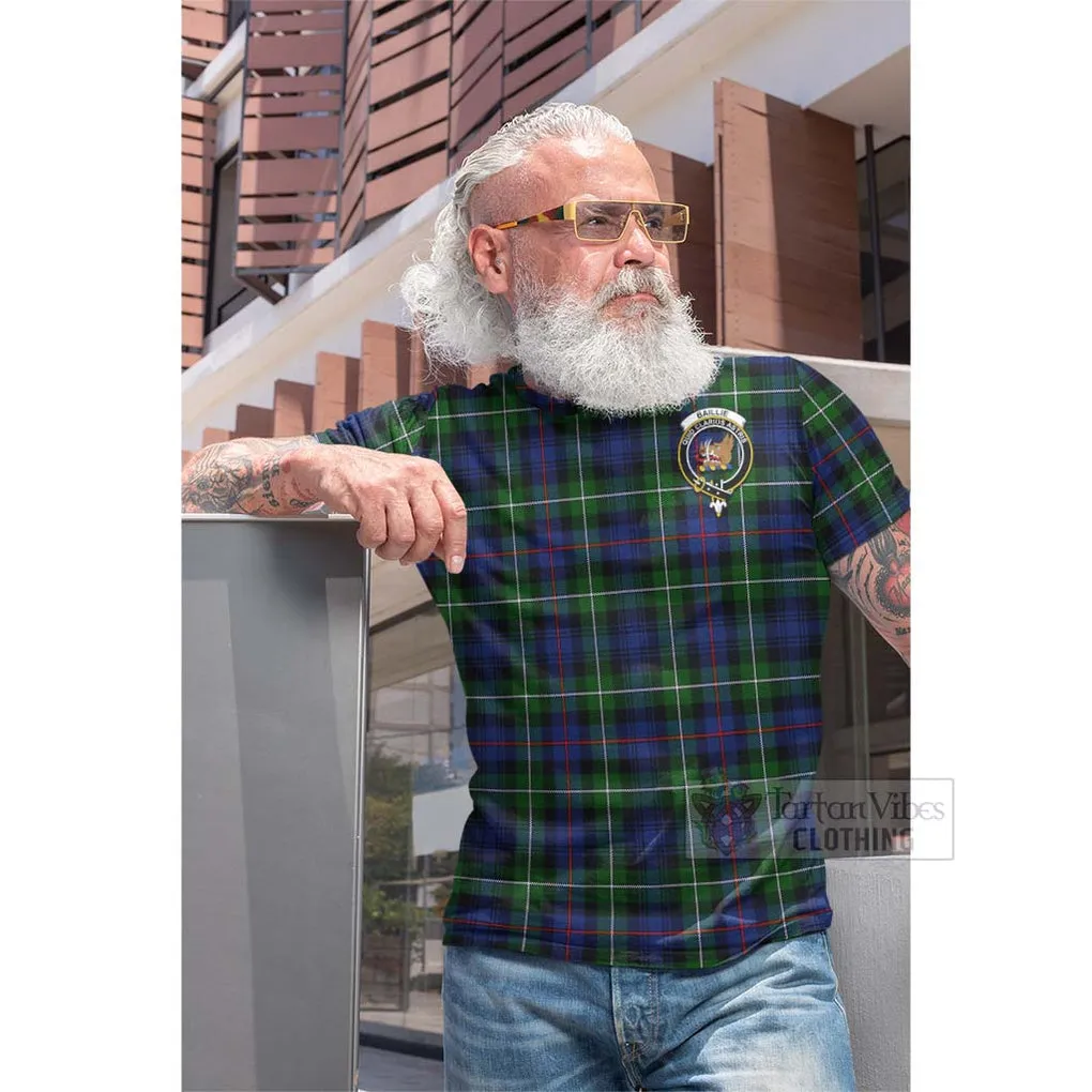 Baillie (Bailey) Tartan Cotton T-shirt with Family Crest and Bearded Skull Holding Bottles of Whiskey