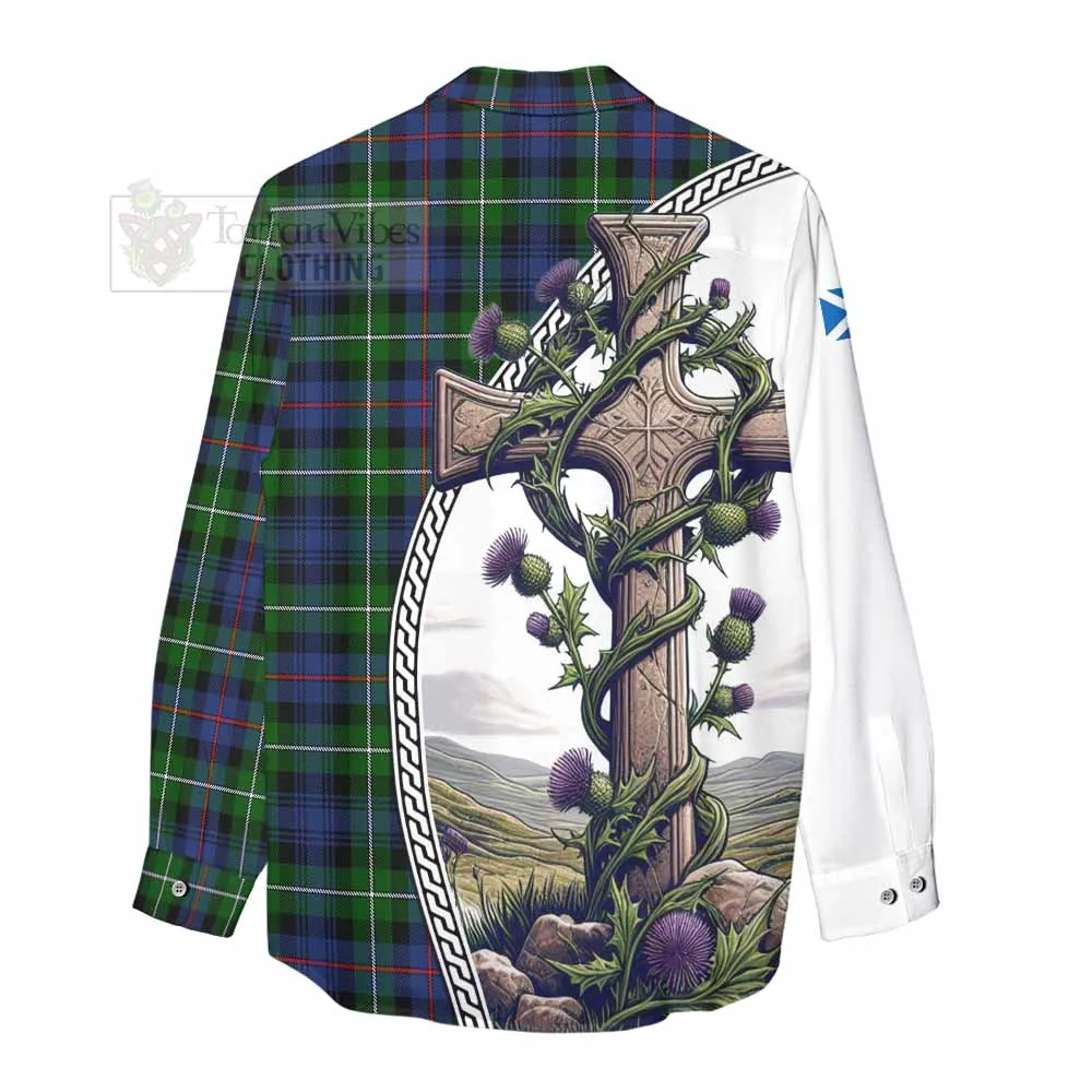 Baillie (Bailey) Tartan Women's Casual Shirt with Family Crest and St. Andrew's Cross Accented by Thistle Vines