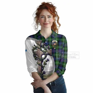 Baillie (Bailey) Tartan Women's Casual Shirt with Family Crest and St. Andrew's Cross Accented by Thistle Vines