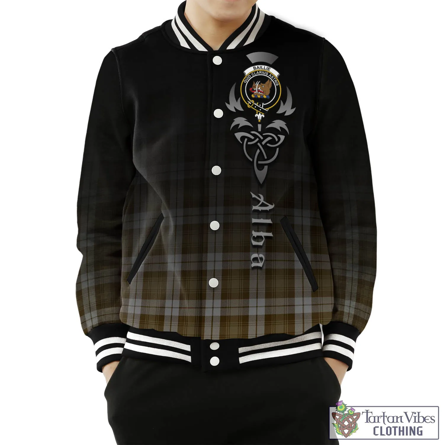 Baillie Dress Tartan Baseball Jacket Featuring Alba Gu Brath Family Crest Celtic Inspired