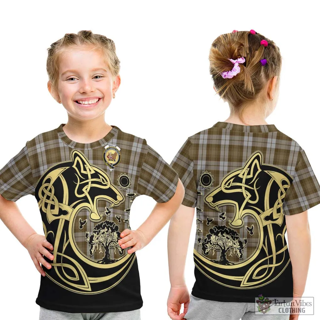 Baillie Dress Tartan Kid T-Shirt with Family Crest Celtic Wolf Style