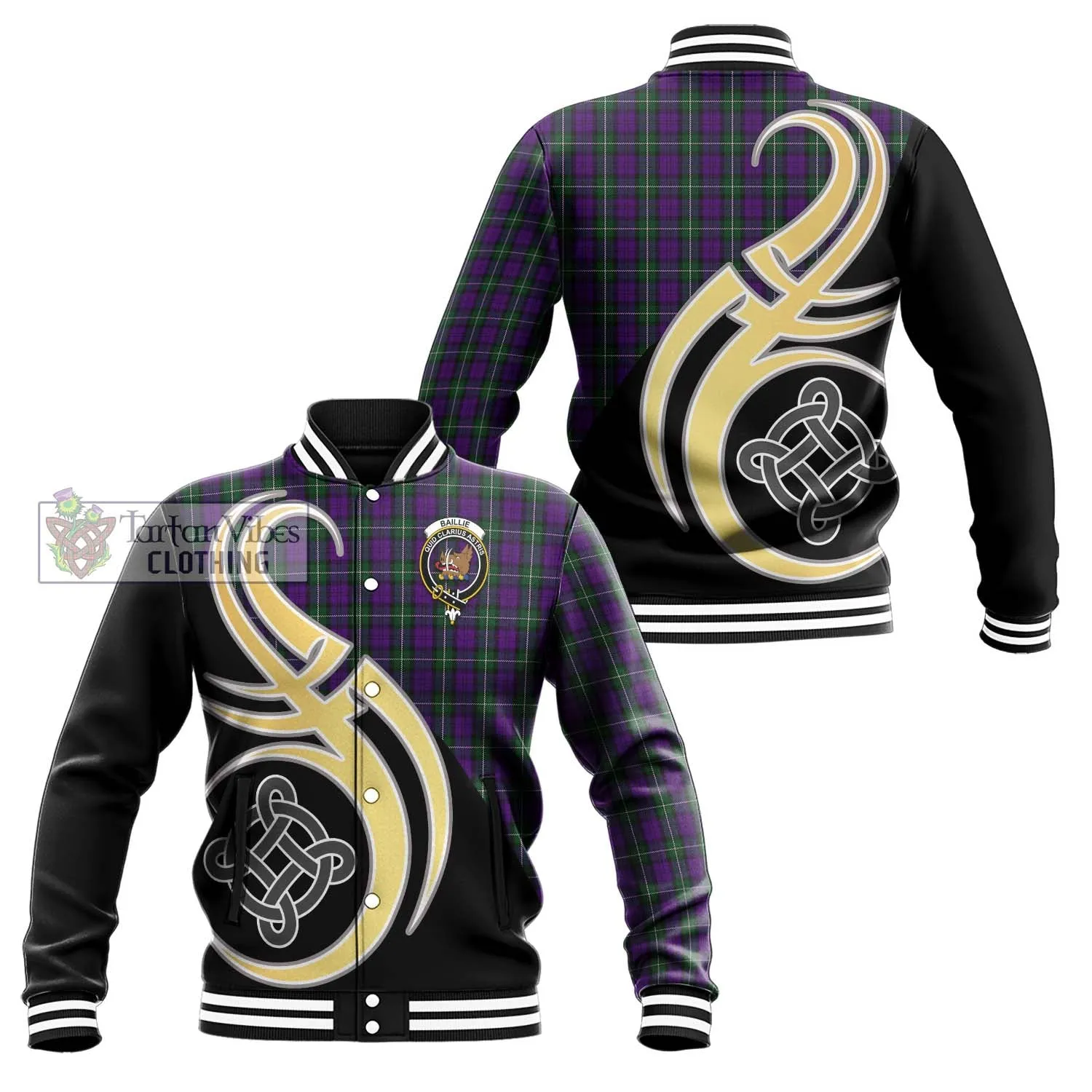 Baillie Highland Society Tartan Baseball Jacket with Family Crest and Celtic Symbol Style