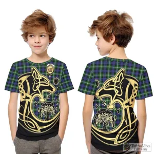 Baillie of Polkemmet Tartan Kid T-Shirt with Family Crest Celtic Wolf Style