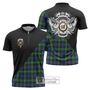 Baillie Tartan Zipper Polo Shirt with Family Crest and Military Logo Style