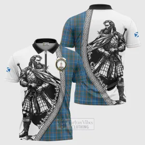 Bain Tartan Clan Crest Zipper Polo Shirt with Highlander Warrior Celtic Style