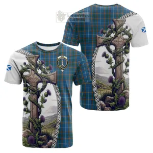 Bain Tartan Cotton T-shirt with Family Crest and St. Andrew's Cross Accented by Thistle Vines