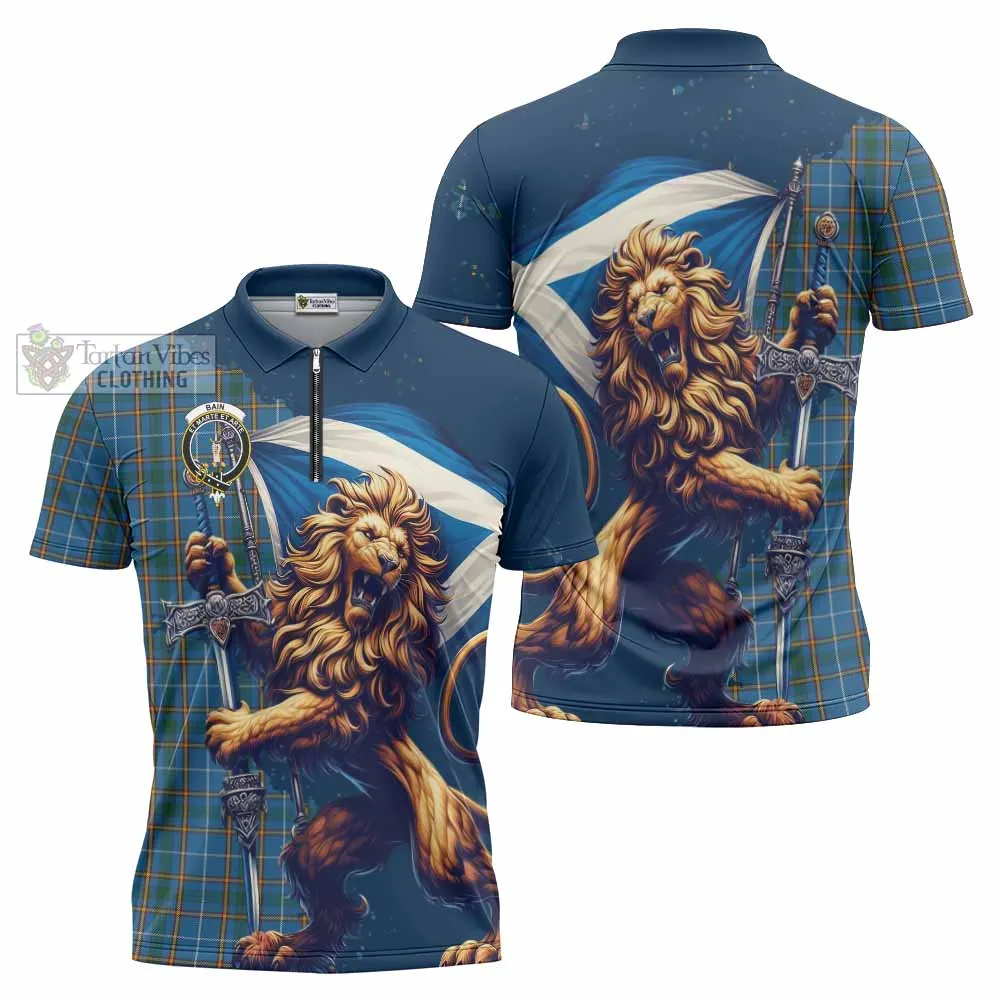 Bain Tartan Family Crest Zipper Polo Shirt with Scottish Majestic Lion