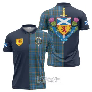 Bain Tartan Zipper Polo Shirt Alba with Scottish Lion Royal Arm Half Style