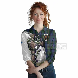 Baird Tartan Women's Casual Shirt with Family Crest and St. Andrew's Cross Accented by Thistle Vines