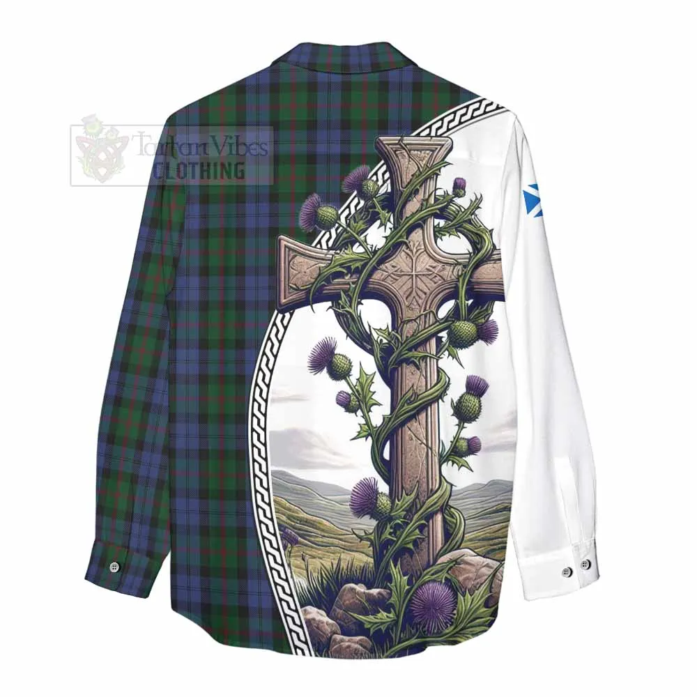 Baird Tartan Women's Casual Shirt with Family Crest and St. Andrew's Cross Accented by Thistle Vines