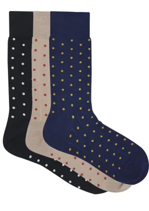 Balenzia Men's Polka Pattern Cotton Calf length socks- (Pack of 3 Pairs/1U)( Black,Beige,Navy)