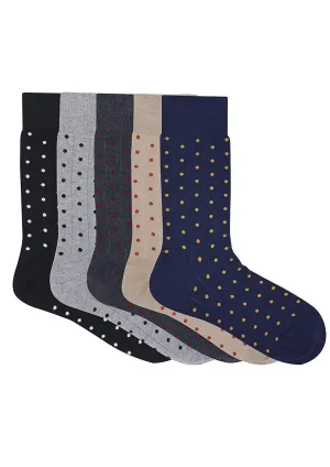 Balenzia Men's  Polka Pattern Cotton Calf length socks- Pack of 5/1U (Black,L.Grey,D.Grey,Beige,Navy)