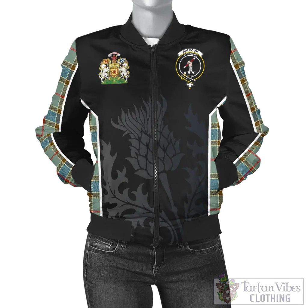 Balfour Blue Tartan Bomber Jacket with Family Crest and Scottish Thistle Vibes Sport Style