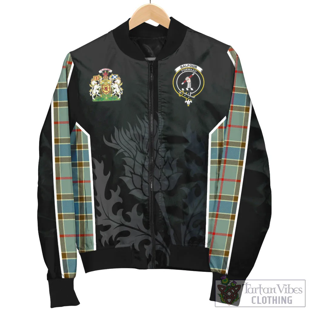 Balfour Blue Tartan Bomber Jacket with Family Crest and Scottish Thistle Vibes Sport Style