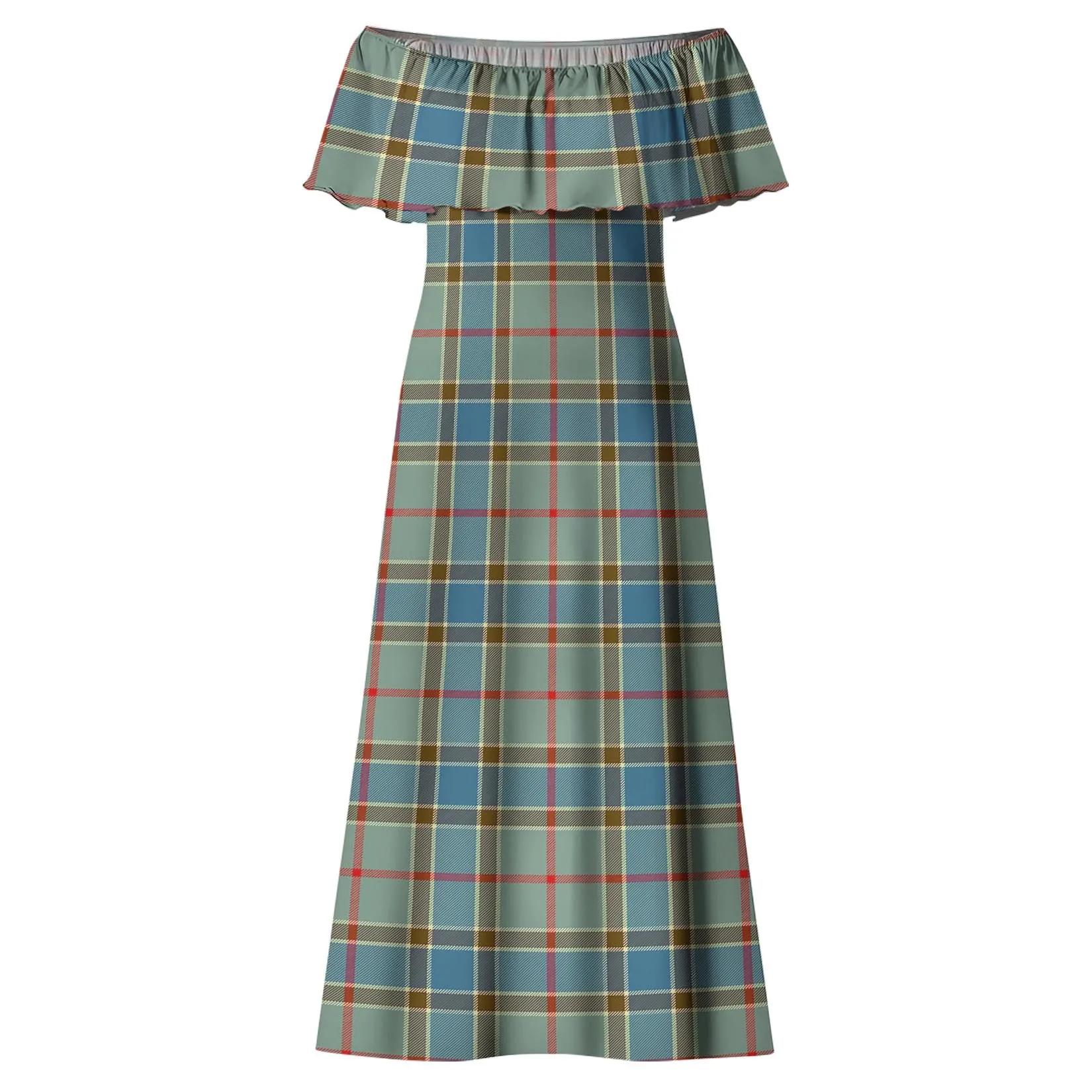 Balfour Blue Tartan Off Shoulder Long Dress