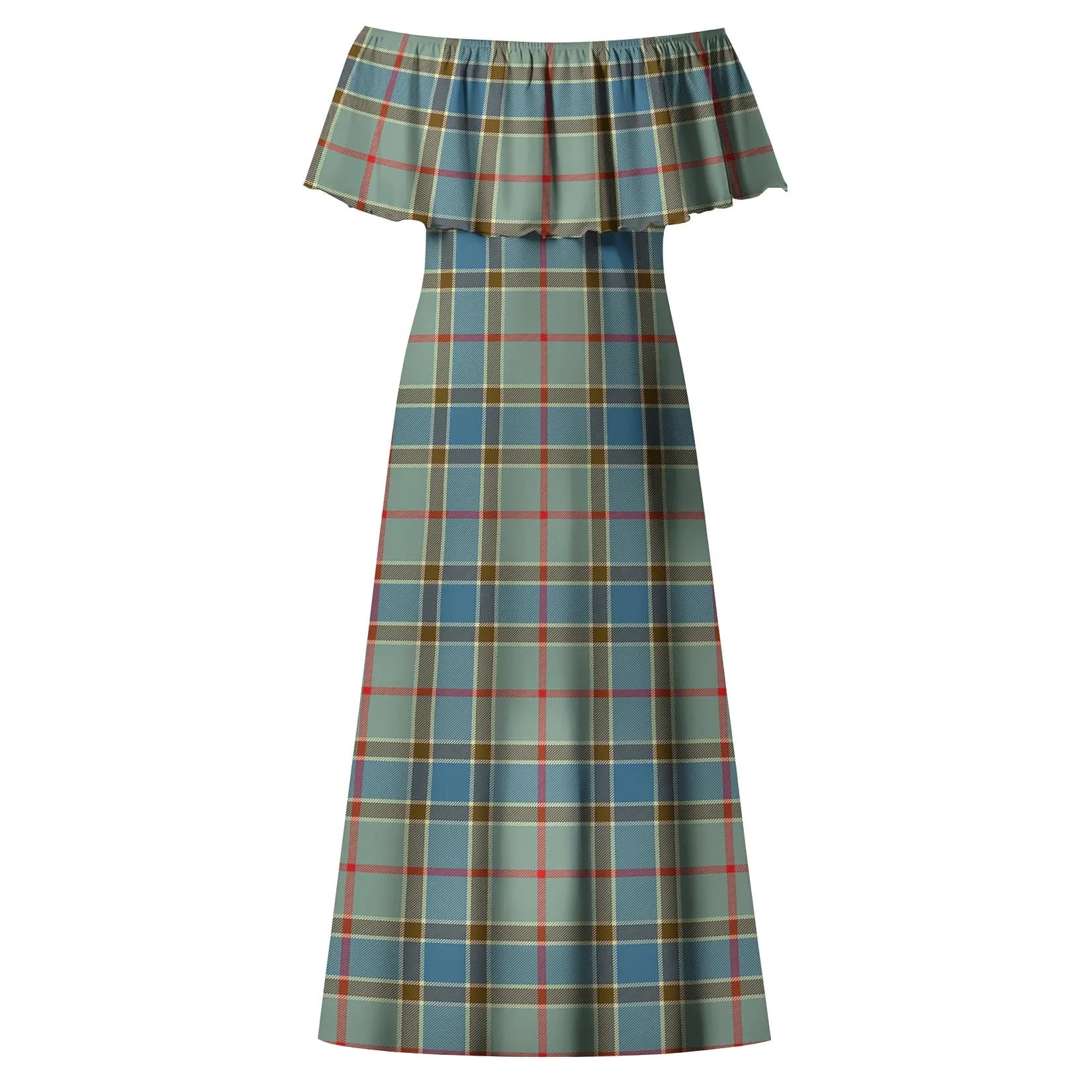 Balfour Blue Tartan Off Shoulder Long Dress