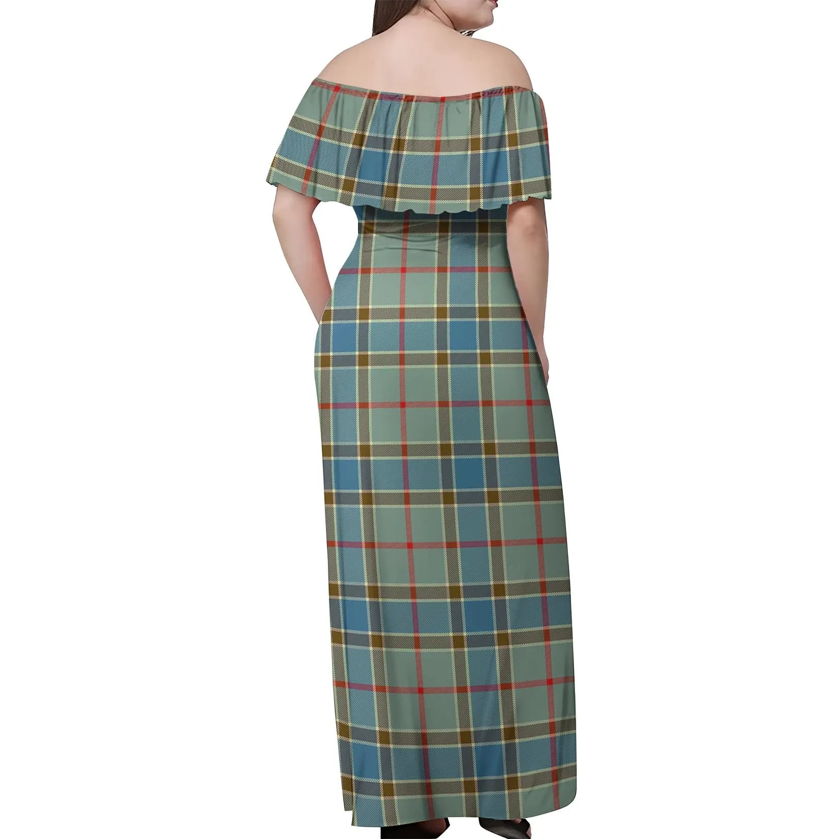 Balfour Blue Tartan Off Shoulder Long Dress