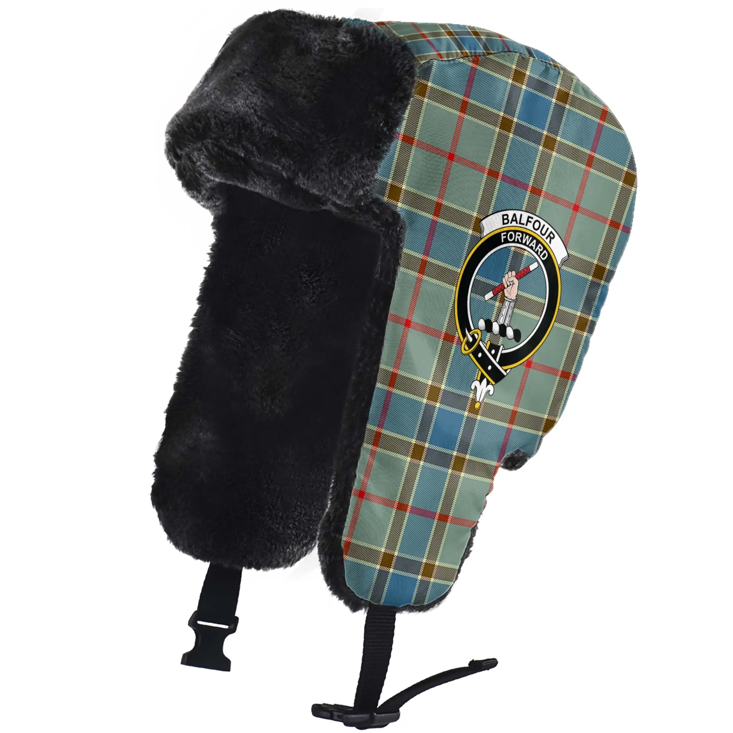 Balfour Blue Tartan Winter Trapper Hat with Family Crest