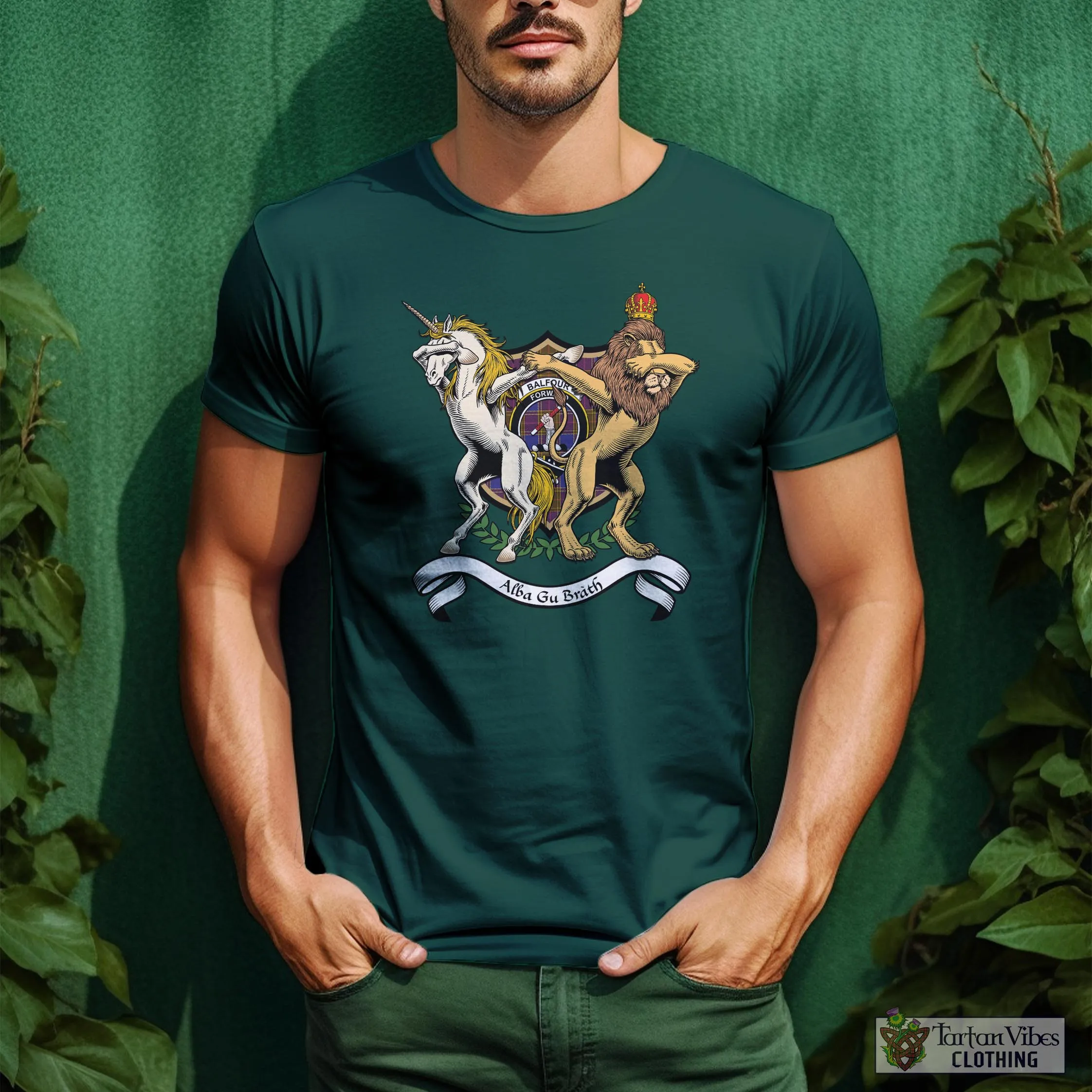 Balfour Family Crest Cotton Men's T-Shirt with Scotland Royal Coat Of Arm Funny Style