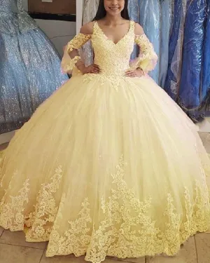 Ball Gown Lace Yellow Quince Dresses,Princess Puff Long Sleeves Sweet 16 Dress