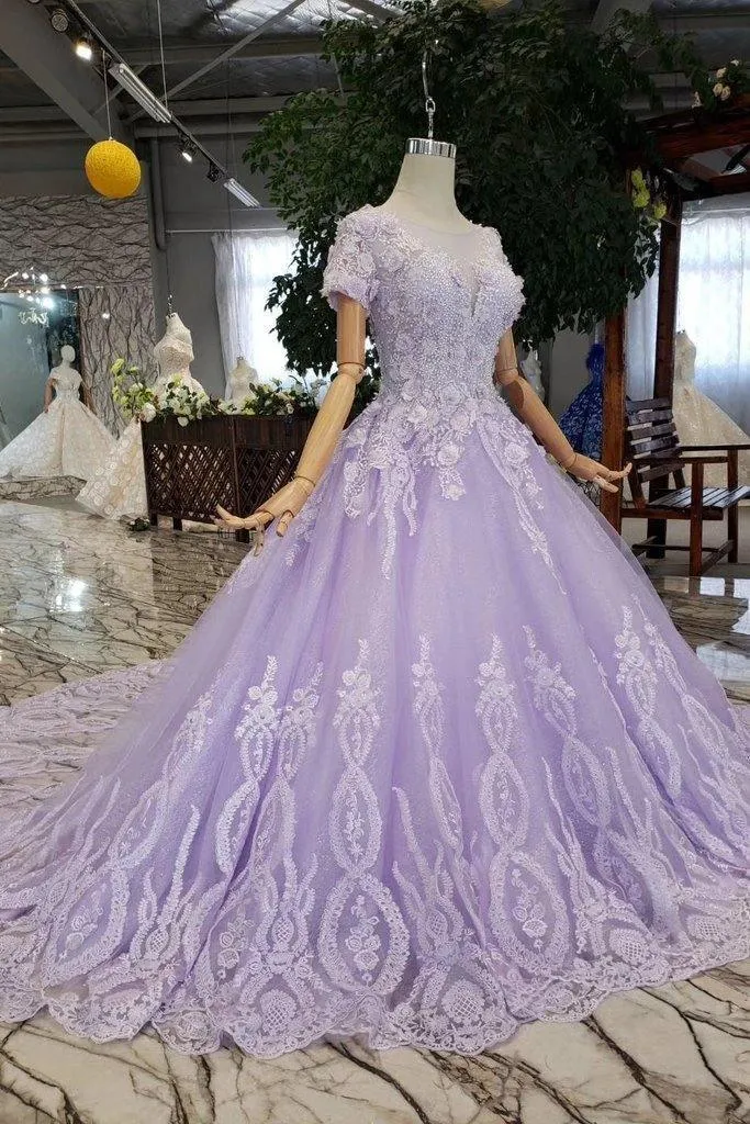 Ball Gown Lilac Short Sleeves Prom Dresses Wedding Dresses with Lace  PM244