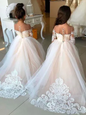 Ball Gown Long Sleeve Applique See Through Flower Girl Dresses With Bowknot GRS028