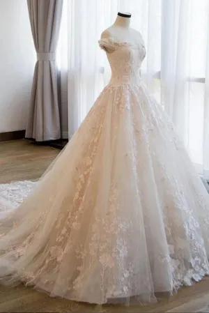 Ball Gown Off the Shoulder Lace Appliqued Wedding Dresses, Ivory Bridal Dresses UQ2586