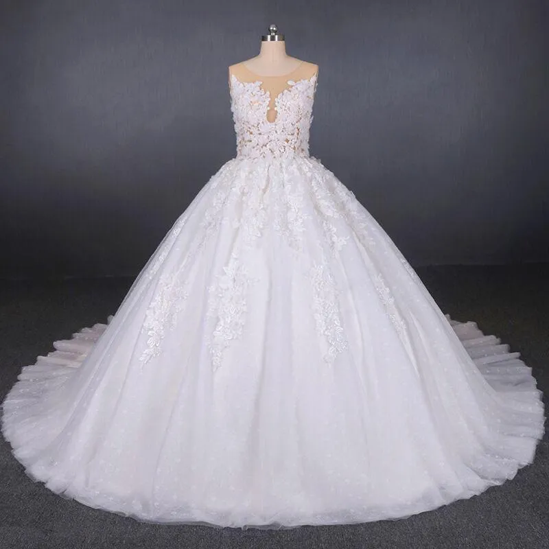 Ball Gown Sheer Neck Sleeveless White Wedding Dresses, Lace Appliqued Bridal Dress UQ2297