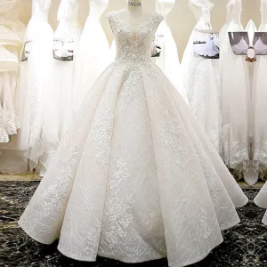 Ball Gown V-neck Elegant Appliques Lace Flowers Princess Wedding Dress