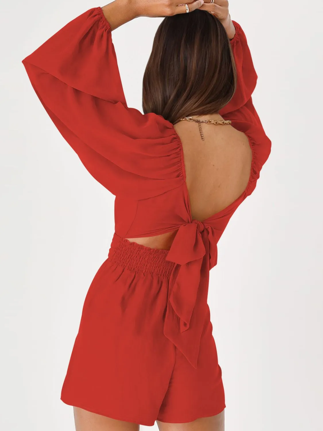 Balloon Sleeve Tie Back Romper